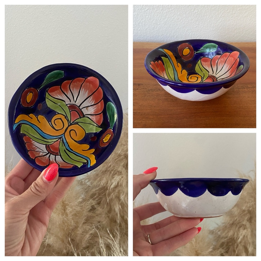 Mexican Pottery Bowl Talavera hand painted patterned colorful clay bowl 5” gift